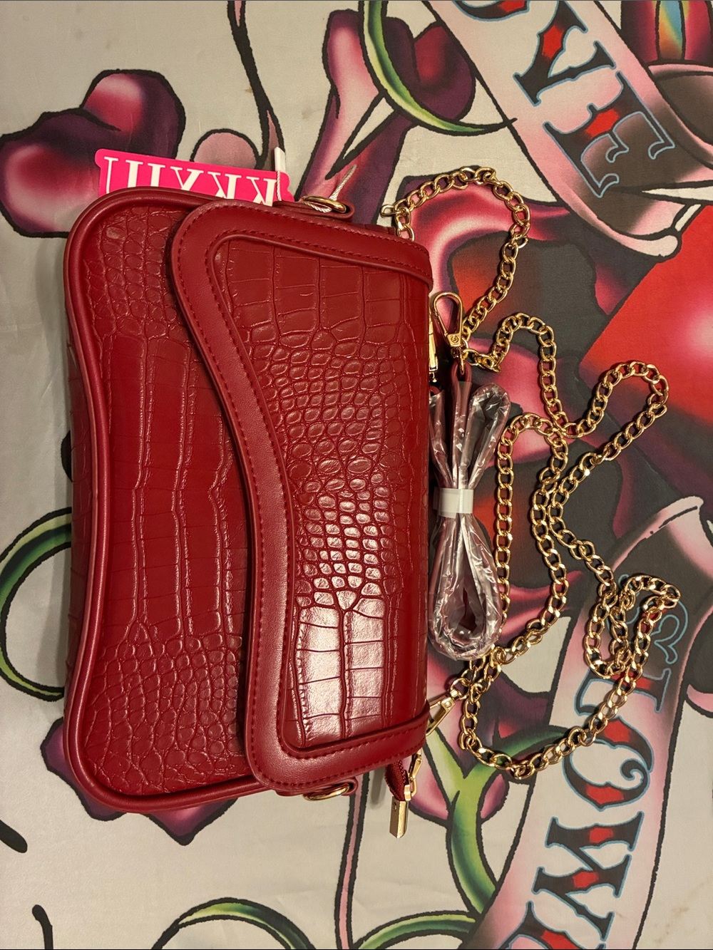 Red Croc-Embossed Chain Crossbody Bag - Women